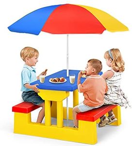 HONEY JOY Kids Picnic Table, Toddler Plastic Outdoor Table & Bench Set with Umbrella, Children Patio Furniture Set for Backyard Garden, Kids Picnic Tables for Outdoors, Gift for Boys Girls Age 3+