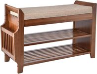 GIANTEX Sheesham Wood Shoe Rack Sitting Bench with Removable Cushion | 3 Tier Entryway Shoe Storage Organizer Shelf with Side Pocket Storage for Hallway, Living Room Office (Honey Finish)