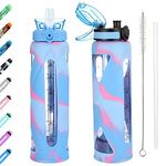 Glass Water Bottles with Straw and Flip Lid, Motivational Water Bottles with Time Marker Reminder and Silicone Sleeve, Leakproof, BPA Free (32oz, Light Blue & Pink)