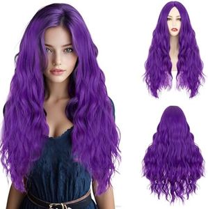 S-noilite Long Purple Wavy Wig for Women 27 inch Middle Part Curly Wavy Wig Heat Resistant Synthetic Hair Seamless Hairline Colorful Anime Cosplay Wigs Halloween Costume Party