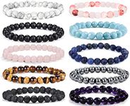 EIELO 10 Pcs Natural Gemstone Beaded Bracelets for Women Men Healing Semi-Precious Crystals Reiki Beads Bracelet Stretch Bracelets Adjustable 8MM