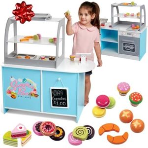 Wooden Bakery Playset Pretend Stand for Kids - 25 Piece Bake Shop Counter w Food, Chalkboard, Cash Register, Trays - Durable Construction for Creative Playtime