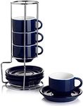 Sweese 405.103 Porcelain Stackable Espresso Cups with Saucers and Metal Stand - 4 Ounce - Set of 4, Navy