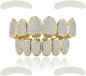 JINAO Gold Diamond Grill for Your Teeth 18k Gold Plated All Iced Out Luxury Cubic Zirconia Mouth Teeth Grillz Set with Extra Molding Bars Included for Men Women(Classic Set)