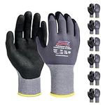 PTCOL Safety Work Gloves Micro-Foam Nitrile Coated-6 Pairs, Seamless Knit Touchscreen Nylon Gloves, with Black Nitrile Grip, for Warehouse, Home Improvement, Automotive, Construction (Medium)