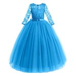 Flower Girls Party Princess 3/4 Sleeve Maxi Floor Length Dress Kids Floral Lace Pageant Ceremony Carnival Wedding Bridesmaid Communion Birthday Cocktail Evening Dance Prom Blue 7-8 Years