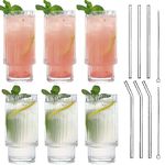 MUJUZE Ribbed Glasses Set with Glass Straw, 6PCS Drinking Glasses Set,Stackable Aesthetic Glass, 310 ml Origami Style Glass Cups,Glasses Set Ideal for Cocktails and Coffee Glasses