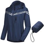 CREATMO US Women's Running Jackets Cycling Windbreaker Lightweight Reflective Ladies Rain Coat Waterproof With Hood Navy Blue XL