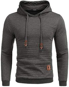 Coofandy Mens Hooded Sweatshirt Casual Long Sleeve Drawstring Waffle Knit Pullover Hoodies, Dark Gray, Medium