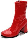 LIURUIJIA Women's Go Go Boots Mid Calf Block Heel Zipper Square Toe Short Booties For Disco Party Cosplay Dance Red 39(245/US8.5)