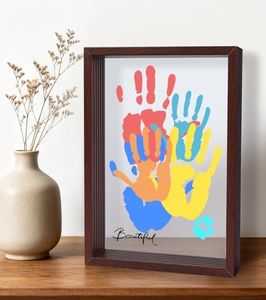 Family Handprint Kit with 5 Clear Acrylic Sheets, 12.3x8.7" Wooden Handprint Frame Kit for 5 Family Members or Pets, Unique Keepsake with 7 Non-Toxic Paints & Marker, Meaningful DIY Personalized Gift