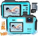 Underwater Camera 5K 64MP 16FT Waterproof Digital Camera with WiFi Connection 16X Digital Zoom IPS Dual-Screen(2.8"/2") Selfie Waterproof Camera for Snorkeling with 32GB Card Blue