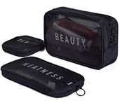 House of Quirk Travel Mesh Makeup Bags Set 3 Pieces See Through Zipper Pouch Travel Cosmetic And Toiletry Kit Organizer Bag 3 Pack Of S M L (Black)