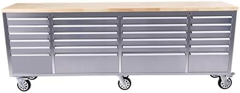 96 inch Rolling Tool Chest, Garage Workbench with 24 Drawers, Solid Rubber Wood Top & with Wheels Lock Key Locking, Mobile Workstation Tool Cabinet for Workshop Storage