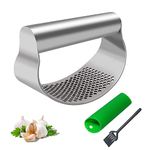 Garlic Press Stainless Steel Garlic Crusher Presser Kitchen Garlic Rocker Food Grade Ginger Grater Chopper Mincer Twister Squeezer Smasher with Silicone Garlic Peeler Tube Roller & Cleaning Brush