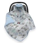 CAR SEAT Baby Blanket/Footmuff/Cosy Toes/Cotton & Waffle-Effect Mink Plush Dual Layer 80 x 80cm with Hood (owl, Deer & Hedgehog/Blue)
