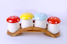 UNIVERSE LIGHTS Ceramic Storage Jars With Ceramic Lids And Bridge Shaped Bamboo Base (Mushroom)