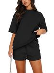 REORIA Women Cotton Short Sleeve Tracksuit Set Crew Neck Solid Color Shirt and Shorts with two Pockets two piece Outfit co ord Sets Black S