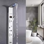 X-XONIER®Stainless Steel 304 Grade shower Panel 6 in1 LED Tower System+Extra large3 Ways Hand Shower, Rainfall Shower, Body Massage, Mist Spray, Temperature Display, Brass Tub Spout silver shower set