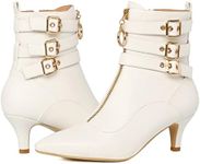 KISSASA Womens Buckle Strap Kitten Heel Booties Pointed Toe Zipper Ankle Boots, White, 7.5