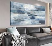 Abstract Canvas Wall Art Ocean Canvas Pictures Blue White Grey Painting Vintage Wall Decor Modern Artwork Prints for Living Room Bedroom Bathroom Office Home Decoration Framed Ready to Hang 50×100cm