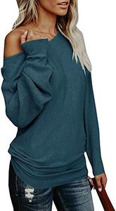 UMEKO Womens Off The Shoulder Sweater Oversized Knit Long Sleeve Sweaters Tunic Tops (Medium, X1-Blue)