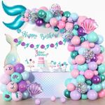 141pcs Mermaid Balloons Arch Kit Girl Brthday Party Decorations Pink Green Purple Printed Balloons Mermaid Tail Shell Foil Balloon Mermaid Cake Topper for Girl Birthday Baby Shower Party Decorations