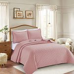 Prime Linens 3 Piece Inspiration Quilted Bedspread Embossed Pattern Comforter Bedding Set Bed Throw with Pillow Case (Pink, Double 3 Piece)