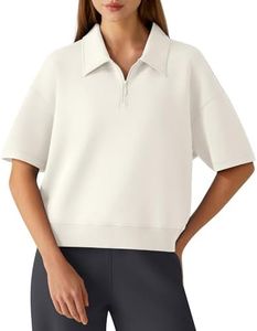 G4Free Womens Polo Shirts Short Sleeve Quarter Zip Pullover Drop Shoulder V-Neck Collared Tops for Casual Work Business(Ivory,S)