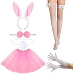 PMELCXD Women's Bunny Accessory (Pink and White), 6 PCS Rabbit Ears Headband Collar Bow Tie Fancy Dress Cuffs Rabbit Tail