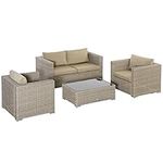 Outsunny 4 Piece Wicker Patio Furniture Set, Outdoor PE Rattan Sofa Set with Glass Top Table, All Weather Sectional Conversation Sofa Furniture w/Wide Seat and Cushions, Beige