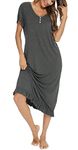 Vlazom Women's Nightdress Ruffle Hem Nightshirts V Neck Long Sleep Dress Nightgown Sleepwear, A-Dark Grey, XXL