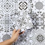 Hode Kitchen Bathroom Tile Stickers Stick on Tiles, Sticky Back Peel and Stick Self Adhesive Wall Tiles, Vinyl Waterproof Grey and White Moroccan, 50pcs 15x15cm