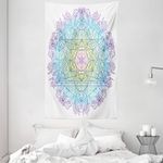 ABAKUHAUS Ethnic Tapestry, Mandala Round with Sacred Geometry Element Metatron Cube Archaic Alchemy Theme, Fabric Wall Hanging Decor for Bedroom Living Room Dorm, 54 W X 90 L, Multicolor