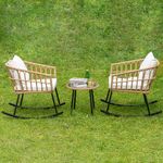 Patio Outdoor Boho Balcony Furniture Rocking Chairs Set,Wicker Rattan Small Patio Conversation Rocking Chairs and Glass Table,3 Piece Chat Set with Waterproof Cushions