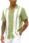 Mens Vintage Bowling Shirt Cotton Linen Beach Shirts Short Sleeve Striped Button Down Summer Tops Hawaiian Shirts Green M