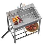 Outdoor Sink Single Bowl, Freestanding Stainless Steel Utility Sink, Commercial Kitchen Sink with Hot and Cold Tap for Restaurant, Bar, Laundry, Garage, Backyard (Depth 22cm)