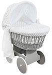 Hooded Wicker Wheel Baby Moses Basket Bassinet Crib with Full Cotton Bedding Set Liner Cover and Mattress - Dimple Grey/Grey Stars with White