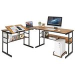 Tangkula 67 inches L-Shaped Desk, Corner Computer Desk with Bottom Bookshelves & CPU Stand, Drafting Drawing Table with Tiltable Desktop, Corner Computer Workstation Home Office Desk (Walnut)