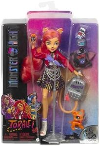 Monster High Toralei HHK57 Poupée de Collection à Rayures avec Animaux de Compagnie et Accessoires Sweet Fangs G3 Reboot, Multicolore