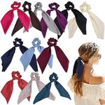 SOLDRIGHT 12 Pieces Hair Scrunchies Bowknot Satin Chiffon Long Tail Elastics Ribbon Ear Bow Ponytail Holder for Women Girls (MULTICOLOR)