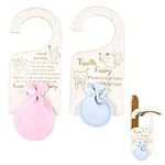 Light Autumn | 2 Bags and 2 Tooth Fairy Door Hangers - Storage Gift Holders - Hanging Coin Keepsake - Mini Pouch Money Holder - Small Bag for Baby Teeth - Unique Design - Blue and Pink