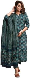LookMark Women's Printed Cotton Blend Straight Kurta Pant Dupatta Set - Stylish Ethnic Wear for Women (AZ-LM-OG-KS2116-L) Green