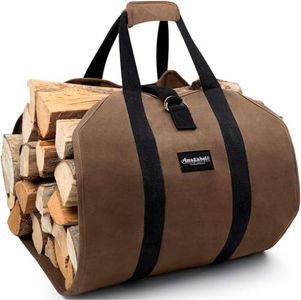 AMAGABELI GARDEN & HOME Fireplace Carrier Waxed Canvas Fire Place Sturdy Wood Carring Bag with Handles Security Strap for Camping Indoor Firewood Logs Tote Log Holder Birchwood Stand