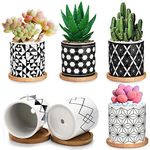 Succulent Pots 6 Pack,3 Inch Ceramic Planter with Drainage and Bamboo Tray, Geometric Patterns Small Plant Pots Decor for Home and Office - Plants NOT Included 【2021 New Upgraded】