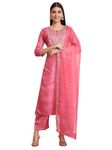 VredeVogel Women's Silk Blend Embroidered Kurta with Pant & Dupatta Set (Pink_Medium)