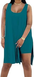 AXOSY Women's Plus Size 2 Piece Outfits Sleeveless Tunic Tops and Bodycon Biker Shorts Sets Tracksuits, Peacock blue, Small