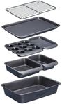 MasterClass Smart Space 7 Piece Non-Stick Stackable Bakeware Set: Roasting Pan, Square Cake Tin, Loaf Tin, Muffin Tray, Two Baking Trays and Cooling Rack, Gift Box