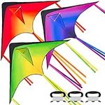 JOYIN 3 Packs Large Delta Kite Orange, Green and Purple, Easy to Fly Huge Kites for Kids and Adults with 262.5 ft Kite String, Large Delta Beach Kite for Outdoor Games and Activities