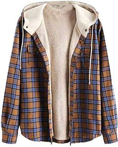 ZAFUL Men's Casual Plaid Fleece Jacket Unisex Men Drawstring Hooded Coat Fuzzy Hoodie Camel Brown XL
